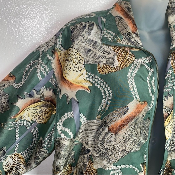 Vintage Shanghai Silk 100% silk green seashell ocean novelty print zip up jacket - Picture 4 of 13
